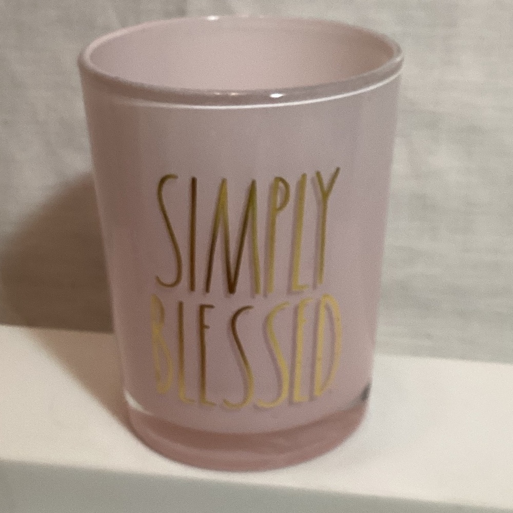 Rae Dunn Simply Blessed Pink Glass Candle Holder with Gold Text